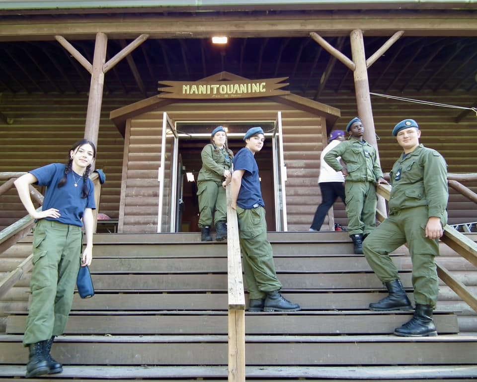 Cadets gathered on the steps at the Manitouaning summer training facility